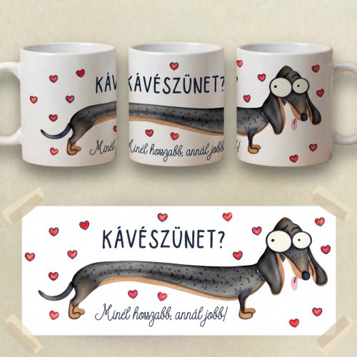 Tacskós bögre (fekete-cser) – „Kávészünet? Minél hosszabb, annál jobb!”