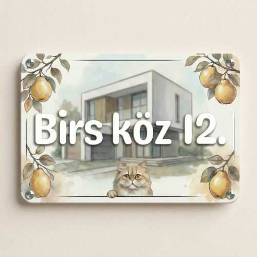Modern házszámtábla fémlapon (30×20 cm) + Állat és ház grafikával