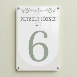 Elegáns olajágas házszámtábla egyedi utcanévvel és házszámmal