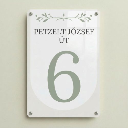 Elegáns olajágas házszámtábla egyedi utcanévvel és házszámmal