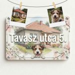 Modern házszámtábla fémlapon (30×20 cm) + Állat és ház grafikával