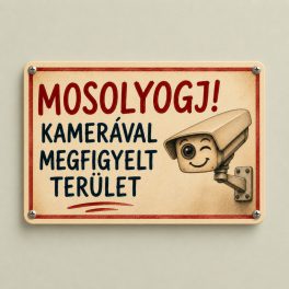   Mosolygós kamerás figyelmeztető tábla – Kamerával megfigyelt terület, fémlapon – fekvő