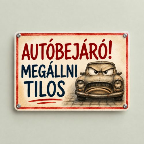 Autóbejáró, megállni tilos tábla mérges autó illusztrációval