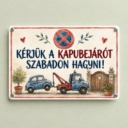 Kapubejárót szabadon hagyni tábla akvarell autómentővel és kék autóval