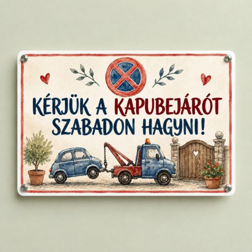 Kapubejárót szabadon hagyni tábla akvarell autómentővel és kék autóval