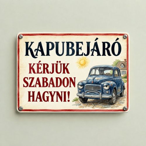 Kapubejáró, kérjük szabadon hagyni feliratú tábla kék kisautóval