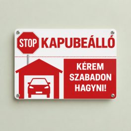 STOP Kapubeálló – kérem szabadon hagyni feliratú piros-fehér tábla garázs és autó piktogrammal