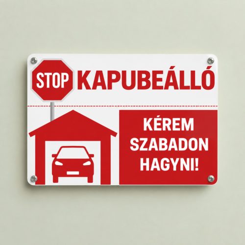 STOP Kapubeálló – kérem szabadon hagyni feliratú piros-fehér tábla garázs és autó piktogrammal