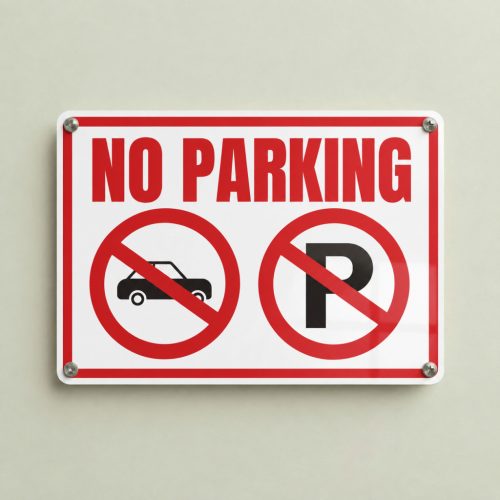 Piros-fehér No Parking tábla áthúzott autó és P piktogrammal