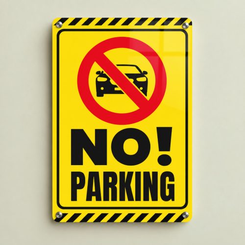 Sárga-fekete NO PARKING tábla áthúzott autó grafikával