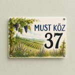 Vincellér szőlős házszámtábla – egyedi utcanévvel és házszámmal, fémlapon