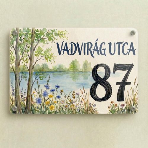 Vadvirágos tóparti házszámtábla – egyedi utcanévvel és házszámmal, fémlapon 30x20 cm