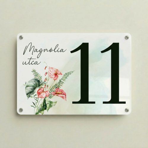 Elegáns virágmintás egyedi házszámtábla, fekvő kivitelben