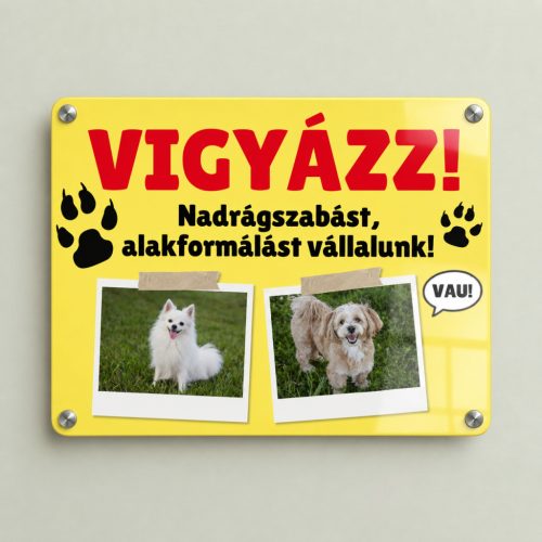 Egyedi kétkutyás figyelmeztető alumíniumtábla saját fotókkal