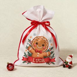Névre szóló Mikulászsák mosolygós mézeskalács figurával, piros csokornyakkendővel, névfeliratos szalagmintával és piros masnival