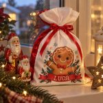 Névre szóló Mikulászsák mosolygós mézeskalács figurával, piros csokornyakkendővel, névfeliratos szalagmintával és piros masnival