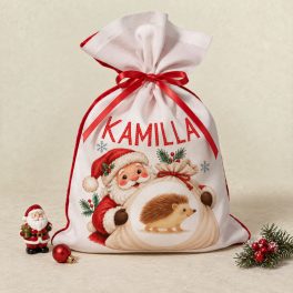 Névre szóló Mikulászsák ovis jellel, zsákot tartó Mikulás mintával, süni jel mintapéldával és piros masnival