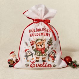 Névre szóló Mikulászsák Különleges küldemény felirattal, zöld kabátos rénszarvassal, két pingvinnel és piros masnival