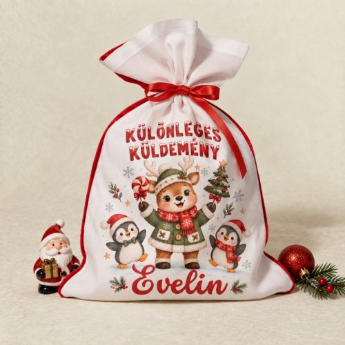 Névre szóló Mikulászsák Különleges küldemény felirattal, zöld kabátos rénszarvassal, két pingvinnel és piros masnival