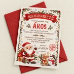 Névre szóló Mikulás-oklevél ünnepi akvarellkerettel, Mikulással, rénszarvassal és hóemberrel, piros borítékon